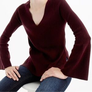 J.Crew Peplum Sleeve V-Neck Sweater Burgundy Side Split Wool Blend - Size XS